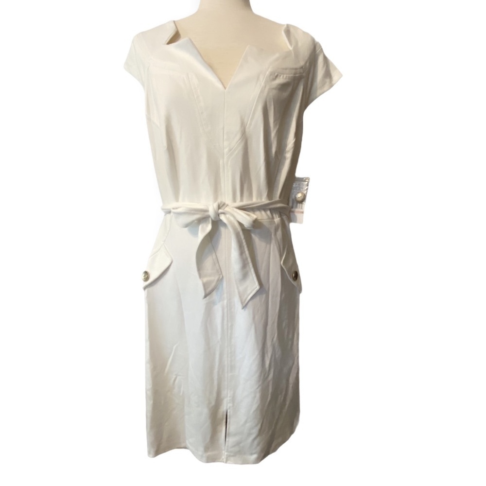 Sharagano ivory sleeveless dress tie belt NWT 14W‎